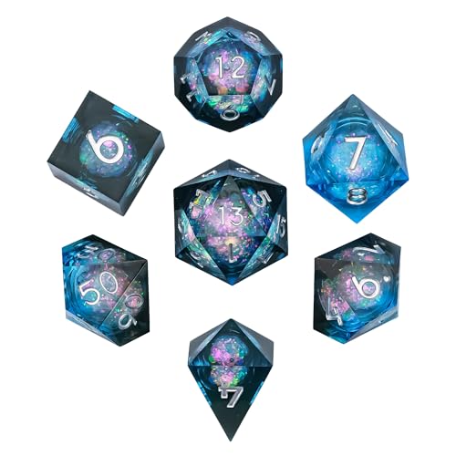 7PCS DND Dice Set,Liquid Core Sharp Edge Dice Set D&D RPG Polyhedral Die,for Dungeons and Dragons Games Roleplaying Games Pathfinder,with Gift Box(Liquid Core-Blue with Black) - color: Liquid Core-blue With Black