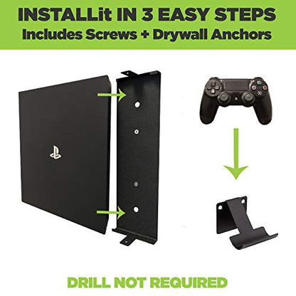 HIDEit Mounts 4P Bundle, Wall Mounts for PS4 Pro and Controller, Steel Wall Mount for PS4 Pro and 2 Controller Mounts to Safely Store Your PS4 Pro and PlayStation Controller Near or Behind TV
