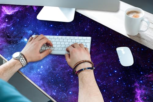 XXL Waterproof Office Desk Pad Protector 35.4x15.7 Inch - Extended Gaming Mouse Pad with Non-Slip Rubber Base, Thickened Keyboard Mat, Stitched Edges & Galaxy Star Design - color: Purple