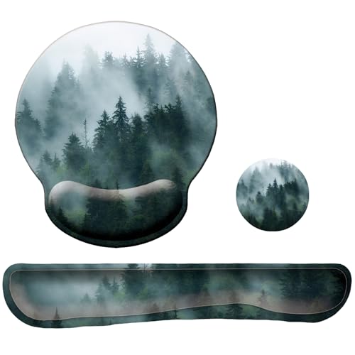 Keyboard Wrist Rest Pad Mouse Pad with Wrist Support Set of 3, Mousepad with Non-Slip Rubber Base, Ergonomic Memory Foam Mouse Wrist Cushion Support for Home Office Laptop Computer Gaming, Forest - color: Forest
