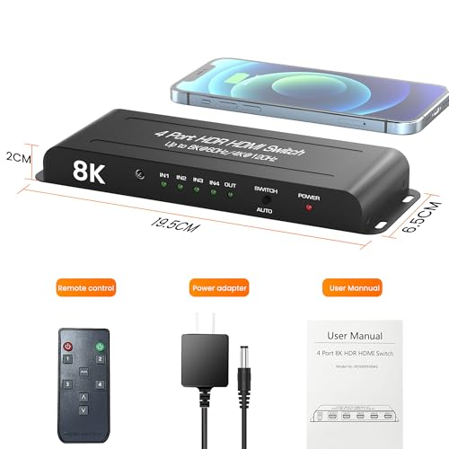 8K HDMI 2.1 Switch 4 in 1 Out, FERRISA 4K@120Hz HDMI Switcher Selector 4 Port with IR Remote Support 8K@60Hz, Auto Switch, HDCP 2.3, HDR 10+, VRR, CEC for Xbox, PS5, Fire Stick, Projector