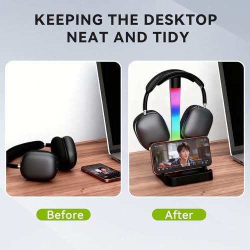 Headphone Stand with Charger,Gaming Headset stand with RGB Light Mode,For Airpod Max Stand,Desk Lamp,Phone Holder,Tablet Holder,desktop organizer,Gifts for Gamers & Music Lover(Black) - color: Black