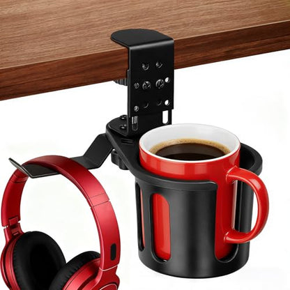 MYITYARD Desk Cup Holder Clamp, 2 in 1 Anti-Spill Clip On Table Cup Holder with Headphone Hanger, Rotatable Water Bottle Stand Drink Coffee Mug Storage, Office Accessories for Home and School - color: Black-1 with Headphone Hanger