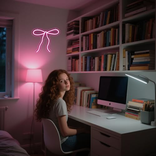 Bow Neon Sign, Pink Ribbon Bow Neon Signs for Wall Decor Pink LED Neon Light for Girl's Girly Room Bridal Shower Wedding Nursery Christmas Birthday Party Gift Dimmable USB Powered (10.2"*9.6") - style: Pink Bow