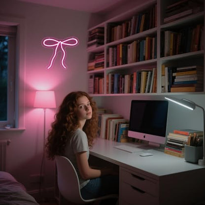 Bow Neon Sign, Pink Ribbon Bow Neon Signs for Wall Decor Pink LED Neon Light for Girl's Girly Room Bridal Shower Wedding Nursery Christmas Birthday Party Gift Dimmable USB Powered (10.2"*9.6") - style: Pink Bow
