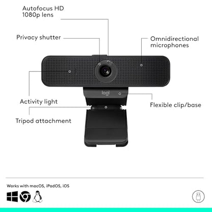 Logitech C925e Business Webcam, HD 1080p/30fps Video, Light Correction, Autofocus, Clear Audio, Privacy Shutter, Works with Microsoft Teams, Google Meet, Skype, WebEx, Cisco - Black