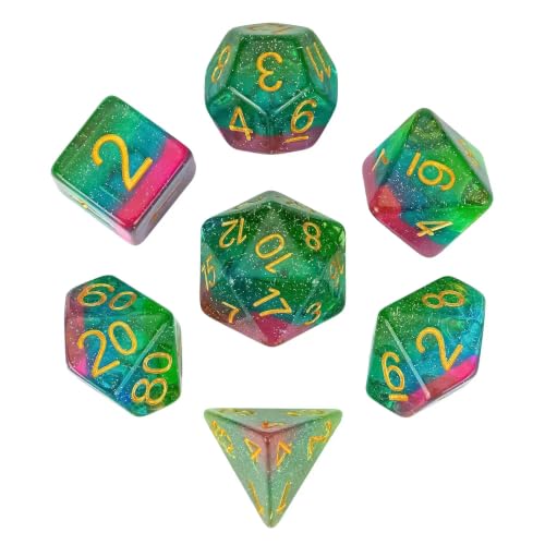 Glitter DND Dice Set Green Polyhedral Dice for D&D Tabletop Games | Leather Storage Bag, DM Gift, for Dungeons and Dragons Role Playing Games - color: Glitter-green&blue&pink