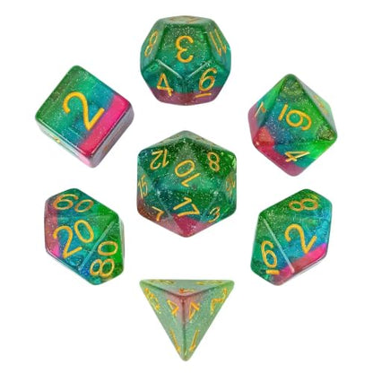 Glitter DND Dice Set Green Polyhedral Dice for D&D Tabletop Games | Leather Storage Bag, DM Gift, for Dungeons and Dragons Role Playing Games - color: Glitter-green&blue&pink