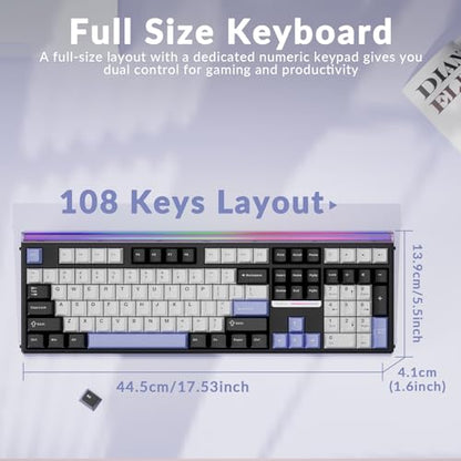 Aula H108 Wireless Mechanical Keyboard, Hot Swappable Silent Keyboard, Full Size Keyboard with Number Pad, Gasket Structure, RGB Backlit Computer Gaming Keyboard with PBT Keycaps for PC/Office - color: White Black Purple