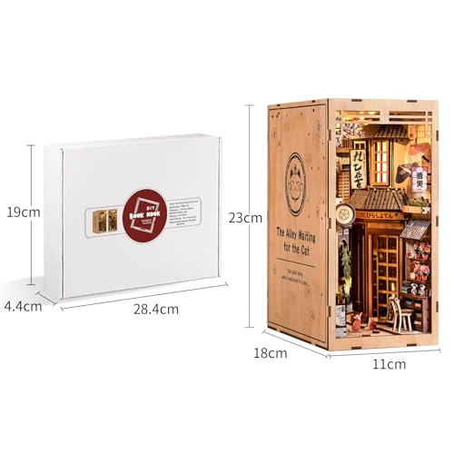Book Nook Kit - DIY Miniature Dollhouse Kit, Japanese Style 3D Wooden Puzzle with LED Lights for Adults and Teens, Tiny House Bookshelf Decor, Gifts for Family and Friends - style: Alley of Awaiting Cats