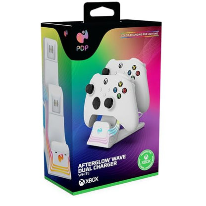 PDP Afterglow Wave Dual Charger for Xbox Series X|S, Xbox One Controllers | Customizable RGB Lighting, Charges 2 Controllers, Rechargeable 40-Hr Battery, Licensed for Xbox, White - color: White, style: Xbox