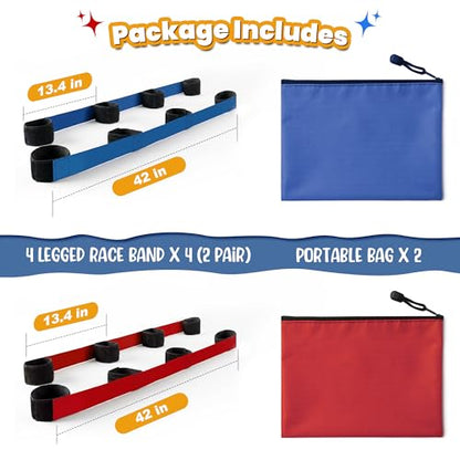 3 Legged Race Bands, Field Day Games for Adults, 4 Players 2pk | Outdoor Games for Carnival, Family Reunion & Backyard Party,Team Building Relay Race Bands - color: 2pk(red+blue)-4persons