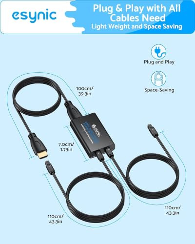 eSynic 192KHZ Professional eARC Audio Extractor with 2 Optical Output | PCM 2.0/Dolby 5.1/DTS 5.1 Audio Formats-Plug & Play-From HDTV eARC/ARC Ports to Optical Soundbar & Wireless Headphones - color: Black & Blue-2 Optical Output