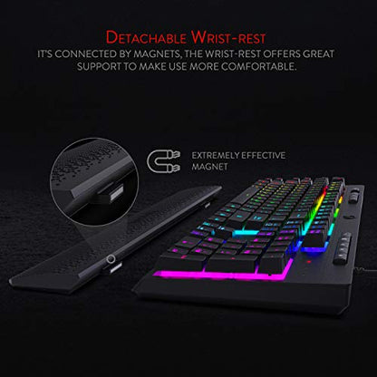 Redragon K512 Shiva RGB Backlit Membrane Gaming Keyboard with Multimedia Keys, Quiet Mechanical Feeling Keyboard, 6 Extra On-Board Macro Keys, Dedicated Media Control, Detachable Wrist Rest - color: Black
