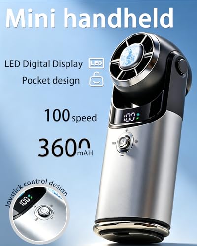 Mini Handheld Fan with Cooling Plate,Portable Pocket Travel Fan Sliver Grey | 100-Speed Joystick Control, Led Display, 180° Adjustable Head; 3-In-1 Small Travel Fan For Handheld, Desktop & Neck Hanging
