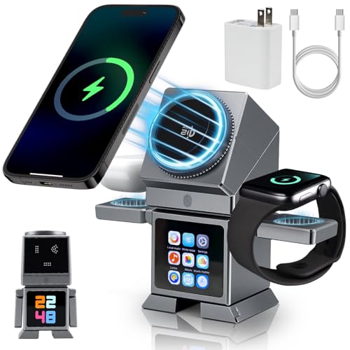 ModiTech 7 in 1 Wireless Charging Station for Apple-25W Qi2.2 Certified | Magnetic Magsafe Charger Stand for iPhone 17/16/15/14/13/12-Apple Watch-Airpods Series, Grey with Adapter - color: Grey