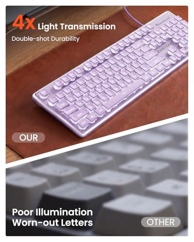 SEUNKWANG Wired Backlit Keyboard with Pudding Keycaps, Quiet Full Size Computer Keyboard White Backlight Easy-to-Read, Never Fade, Metal Panel, USB Cute Desk Setup for Windows PC Desktop, Purple - color: Purple