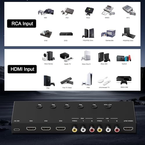 Dingsun 5In-1Out Converter, 3 Way HDMI 2.0 to HDMI Switcher + 2 Way RCA to HDMI Converter for Fire Stick，ROKU, N64, NGC, Wii, PS2/3/4/5, Xbox Series, Xbox ONE, Switch ect. - style: 5in-1out(2*RCA +3*HDMI to HDMI)Converter