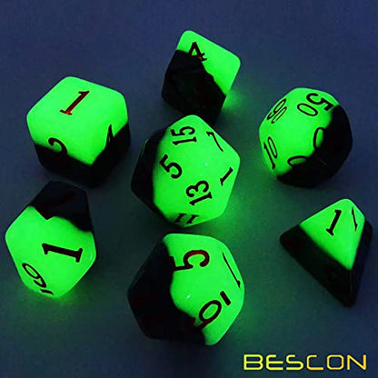 Bescon Two-Tone Glowing Polyhedral Dice 7pcs Set Green Dawn, Luminous RPG Dice Set d4 d6 d8 d10 d12 d20 d%, Brick Box Packaging - color: Green Dawn