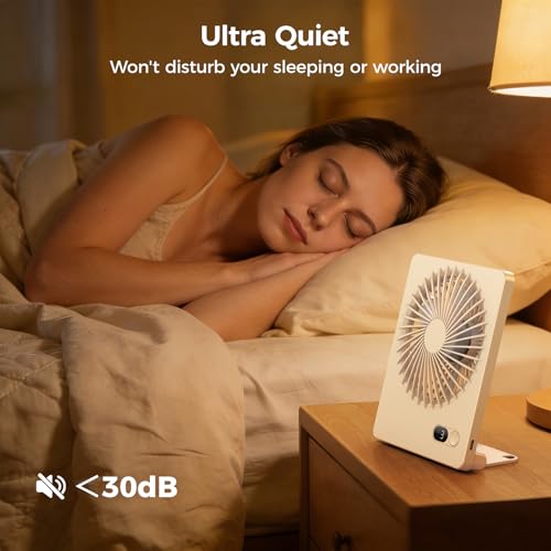 Zuvas Desk Fan Small Rechargeable Battery Table Fans for travel Ultra Quiet | 180° Tilt Folding, LED Dislay, Portable Fan Slim Design, 3 Speed Adjustable, for Office Bedroom Desktop, Cruise Essentials - color: White