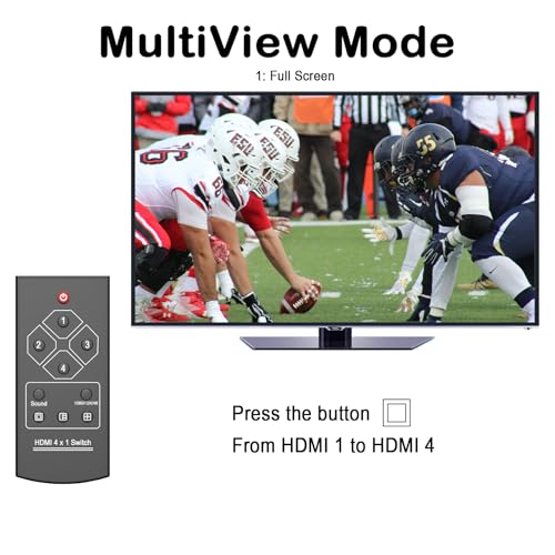 KAGO 4K HDMI Multi Viewer 4x1 Quad Switcher | 5 Display Modes, 7.1CH Audio Pass-Through, Seamless Switching, IR Remote, Heavy-Duty Metal - size: MV 1 x 4