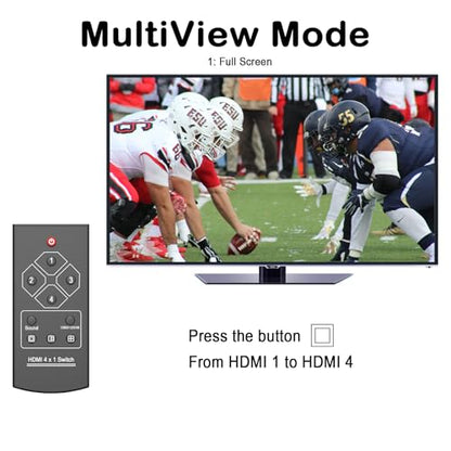 KAGO 4K HDMI Multi Viewer 4x1 Quad Switcher | 5 Display Modes, 7.1CH Audio Pass-Through, Seamless Switching, IR Remote, Heavy-Duty Metal - size: MV 1 x 4