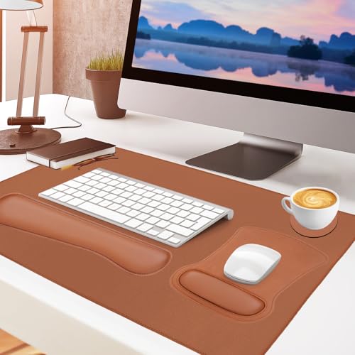 MOSISO Keyboard Mouse Pad Set, PU Leather Large Gaming Mousepad&Keyboard Wrist Rest&Mouse Wrist Rest&Coaster, Ergonomic Non-Slip Mousepad&Easy Typing Cushion with Memory Foam for Home Office, Brown