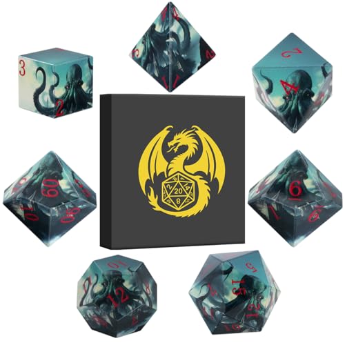DND Dice Set, Octopus Theme Dice Set, UV Printed, Resin Material, DND Starter Set, 7pcs Polyhedral Dice Set with Dice Box, Role Playing Board Games Accessories - color: Octopus Style Gift Box