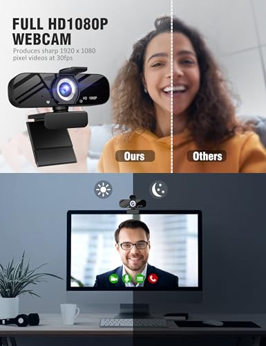 HD 1080P Webcam with Built-in Microphone and Rotatable Tripod, 1080P Video and Wide Angle Camera, Privacy Cover, for Desktop PC or Laptop Computer （Black） - color: black