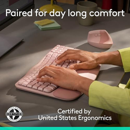 Logitech Wave Keys & Lift Vertical Mouse - Ergonomic Wireless Keyboard and Mouse Combo - with Cushioned Palm Rest, Easy-Switch, Bluetooth, for Multi-OS, Windows/Mac - Rose - color: Rose, style: Right-Handed