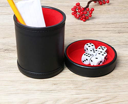 Leatherette Dice Cup with Lid, Red Felt-Lined Dice Shaker Includes 6 Regular Dice for Liars Dice/ Farkle/ Yahtzee/ Games, 1 Pack - color: Red