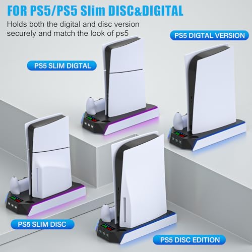 PS5 / PS5 Slim Cooling Station Stand LED with Dual Controller Charging Station for PlayStation 5 Console, PS 5 Accessories Incl. Controller Charger, Cooling Fan, Headset Holder, 3 USB Hub-White&Black - color: RGB WHITE & BLACK