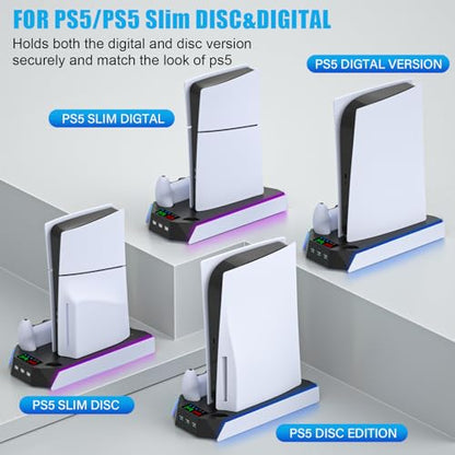PS5 / PS5 Slim Cooling Station Stand LED with Dual Controller Charging Station for PlayStation 5 Console, PS 5 Accessories Incl. Controller Charger, Cooling Fan, Headset Holder, 3 USB Hub-White&Black - color: RGB WHITE & BLACK