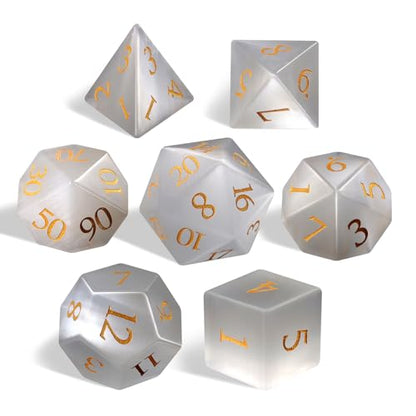 LUCKY-M Cat Eye Gemstone Dice DND Set, 7PCS Natural Handmade Dice for Dungeons and Dragons, D&D Accessories Men Gift (White) - color: Cat Eye- White