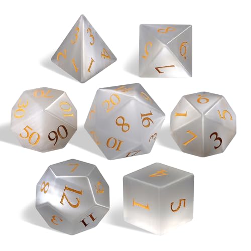 LUCKY-M Cat Eye Gemstone Dice DND Set, 7PCS Natural Handmade Dice for Dungeons and Dragons, D&D Accessories Men Gift (White) - color: Cat Eye- White