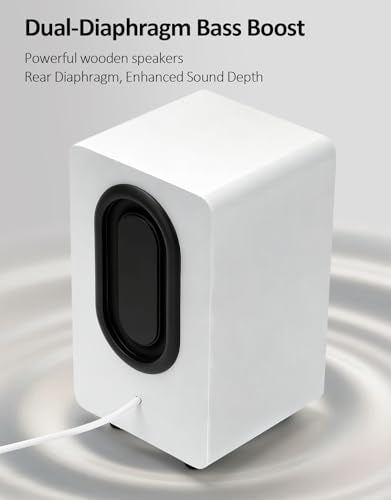 White Computer Speakers, White Wooden Desktop Speakers with Dual Diaphragms,12W USB High-Fidelity Stereo for PC, Laptop, Monitor, Tablet – USB Powered with Built-in Audio Output