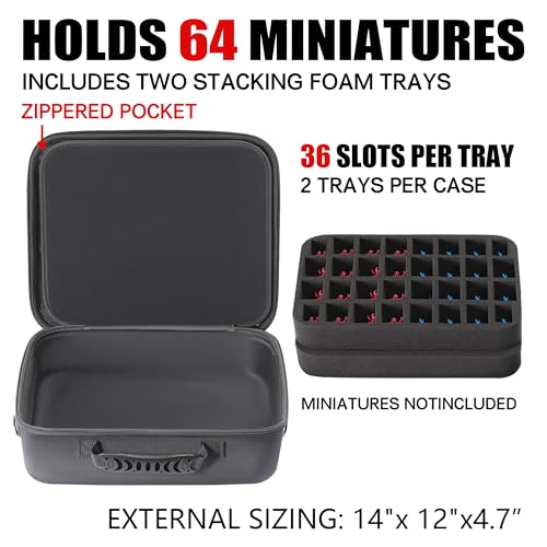 Madcat Miniature Storage Carrying Case -64 Slot Storage Case with 2 Impact-Absorbing Foam Trays For 32mm 40k, DND and More,case with Adjustable Shoulder Strap and zippered pocket. (64 Slot)