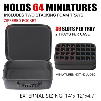 Madcat Miniature Storage Carrying Case -64 Slot Storage Case with 2 Impact-Absorbing Foam Trays For 32mm 40k, DND and More,case with Adjustable Shoulder Strap and zippered pocket. (64 Slot)