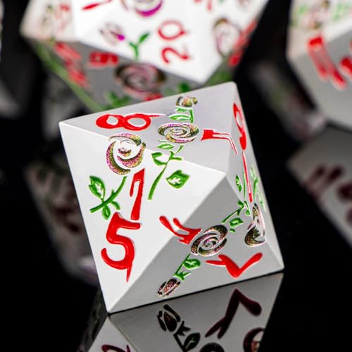 Gothic DND Dice Set Bleeding Rose Metal D and D Dice for use with Dungeons Dragons D&D Role Playing Game, Purple Red RPG Polyhedral Dice Set D20 D12 D10 D8 D6 D4 - color: Purple Red&silver&red Numbers