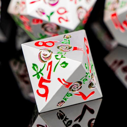Gothic DND Dice Set Bleeding Rose Metal D and D Dice for use with Dungeons Dragons D&D Role Playing Game, Purple Red RPG Polyhedral Dice Set D20 D12 D10 D8 D6 D4 - color: Purple Red&silver&red Numbers