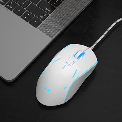 Wired Gaming Mouse, Ergonomic USB Optical Mouse with 7 Colors Breathing LED Backlit, 6 Adjustable Speed Levels from 600 to 3200 for Laptop PC - color: White