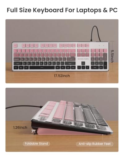 Wired Backlit Keyboard with Pudding Keycaps, Quiet Full Size Computer Keyboard White Backlight Easy-to-Read, Never Fade, Metal Panel, USB Cute Desk Setup for Windows PC Desktop, Pink-Black Ombré - color: Pink-Black Ombré