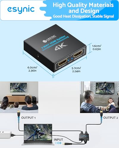 eSynic 4K@30Hz HDMI Splitter 1x2-1 in 2 Out HDMI Splitter for Dual Monitors-Plug & Play-Supports1080P 3D HDCP Bypass – for PS4/PS5, Projector, PC, TV, Office Conference -Only Mirror No Extend Mode - size: 1 In 2 Out