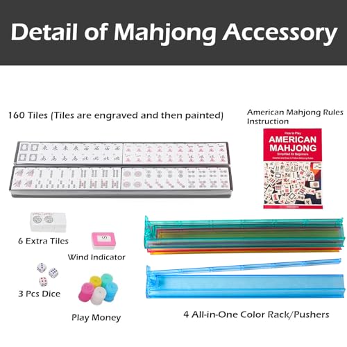 American Mahjong Game Set, 166 Quality White Tiles, 4 All-in-One Color Rack/Pushers, Complete Mahiong Tile Set Black Printed Carrying Bag - color: Black