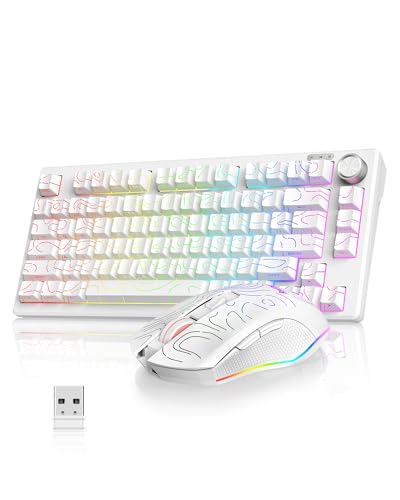 RedThunder K75 Wireless Keyboard and Mouse Combo,75% Membrane Side-Engraved Keyboard,Optical Gaming Mouse with 4800DPI,3 Modes(BT/2.4G/Wired),Dual System,RGB Backlit,Rechargeable Battery,Contour White - color: White Contour Line