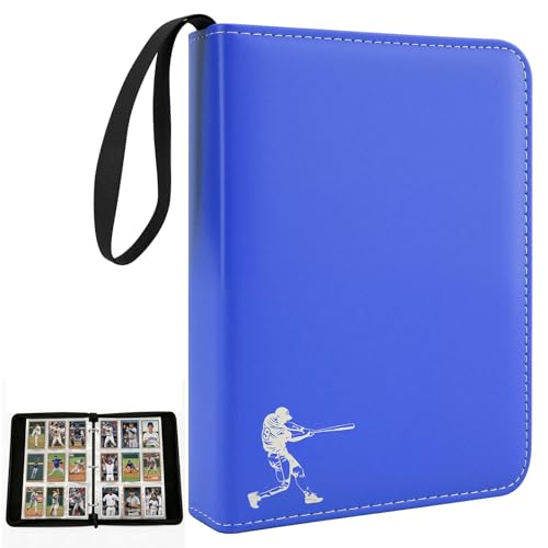 PU Leather Baseball Card Binder,Double Sided Blue Card Binder 9 Pocket Holds 900 Cards,50 Removable Sleeves Baseball Cards Binder,3 Ring Zipper Holder Sports Cards Collection for TCG, MTG - color: Blue, size: Large
