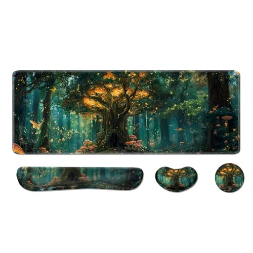 Desk Pad and Keyboard Wrist Rest, Large Mouse Pad + Keyboard Pad+Mouse Wrist Support, Non-Slip Desk Mat Protector for Office, Home 31.5×11.8 Inches Green Forest - color: Green Forest