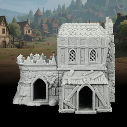 AUSPDICE Stone and Timber Dwelling RPG Terrain, 25mm Medieval Scenery | 1:64 Unpainted 3D Printed Medieval Village Fantasy Building, DND Terrain for Dungeons and Dragons, TTRPG Map Props-AF1124D - color: Af1124d Medieval Village D