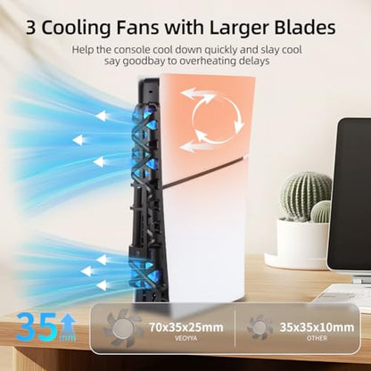 Cooling Fan with LED Light for PS5 Slim, Quiet Cooling System Accessories for Playstation 5 Slim Disc and Digital Editions, Compatible with Horizontal Stand For Gaming Console