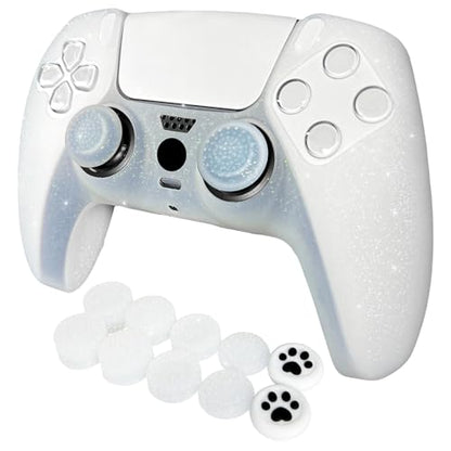 White Glitter Silicone Protective Case for PS5 Controller, Sparkly Bling Soft Cover Skins, Includes 8-in-1 Glitter Thumb Grip Caps + 2 Cat Paw Caps – Shockproof Dustproof Anti-Slip - color: White